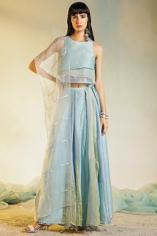 Pastel Blue Embroidered Lehenga Set by Charkhee