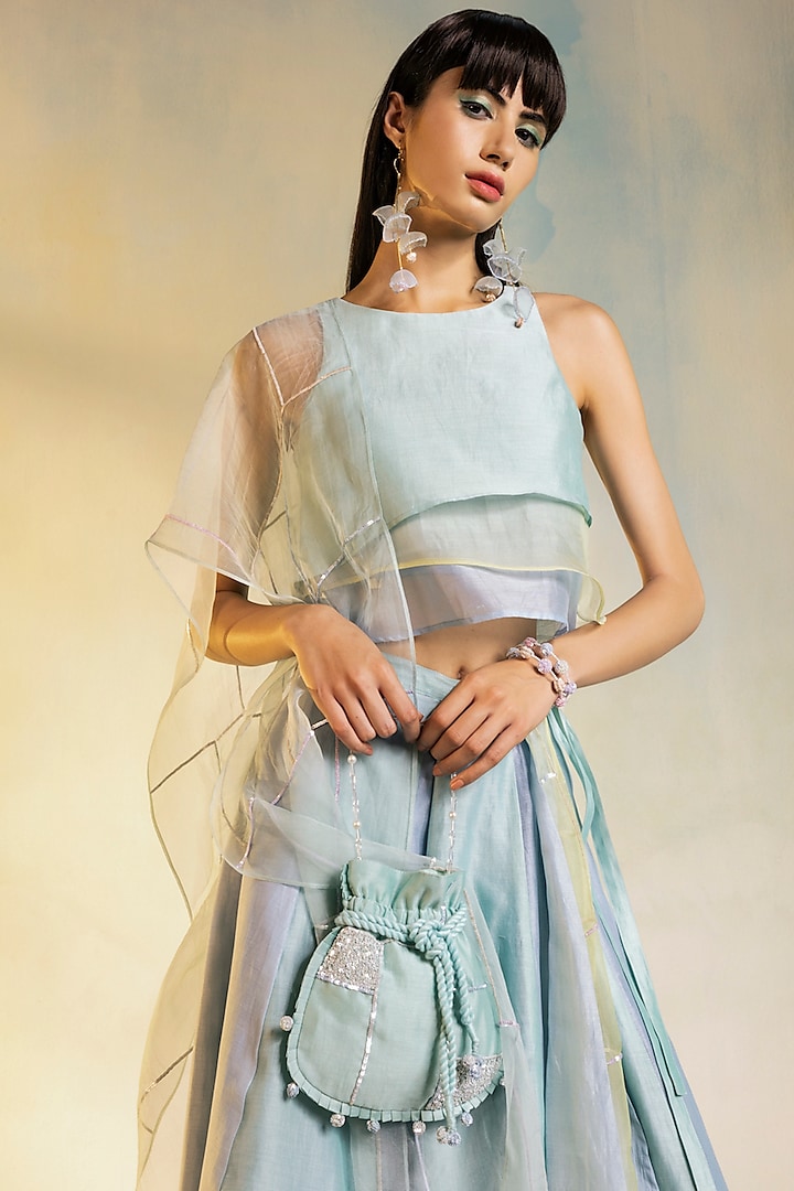 Pastel Blue Embroidered Wedding Lehenga Set by Charkhee at Pernia's Pop Up Shop