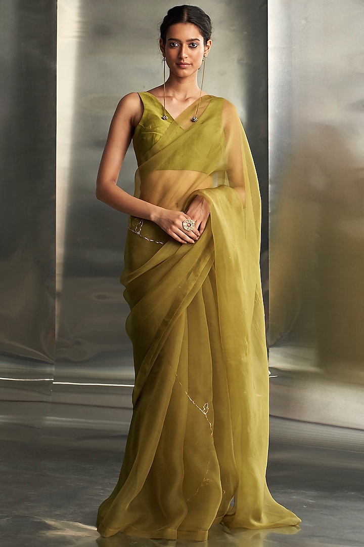 Berry Green Organza Nakshi Hand Embroidered Party Wear Saree Set by Charkhee at Pernia's Pop Up Shop