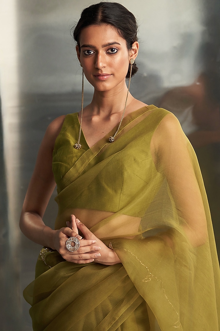 Berry Green Organza Nakshi Hand Embroidered Party Wear Saree Set by Charkhee at Pernia's Pop Up Shop
