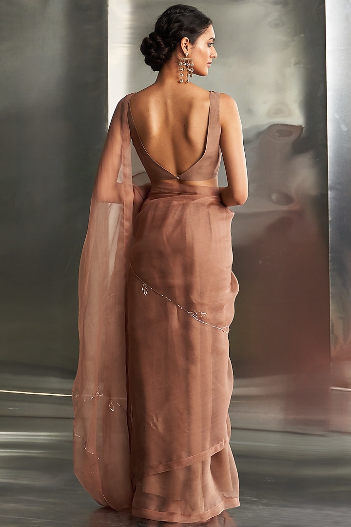 Ginger Brown Organza Nakshi Hand Embroidered Party Wear Saree Set by Charkhee at Pernia's Pop Up Shop