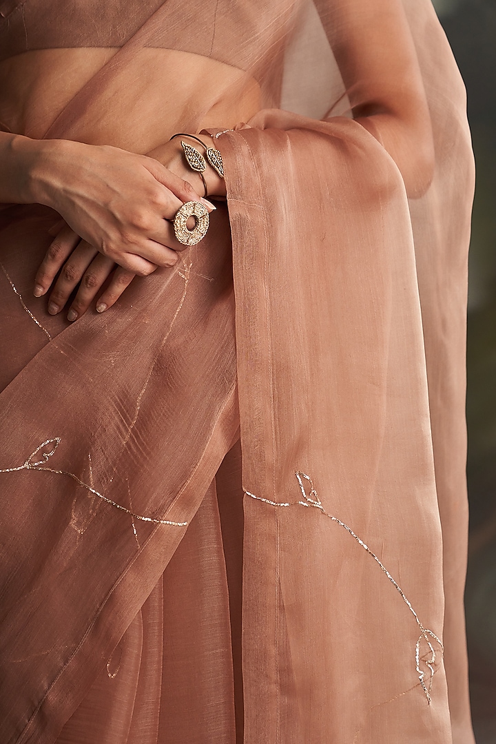 Ginger Brown Organza Nakshi Hand Embroidered Party Wear Saree Set by Charkhee at Pernia's Pop Up Shop