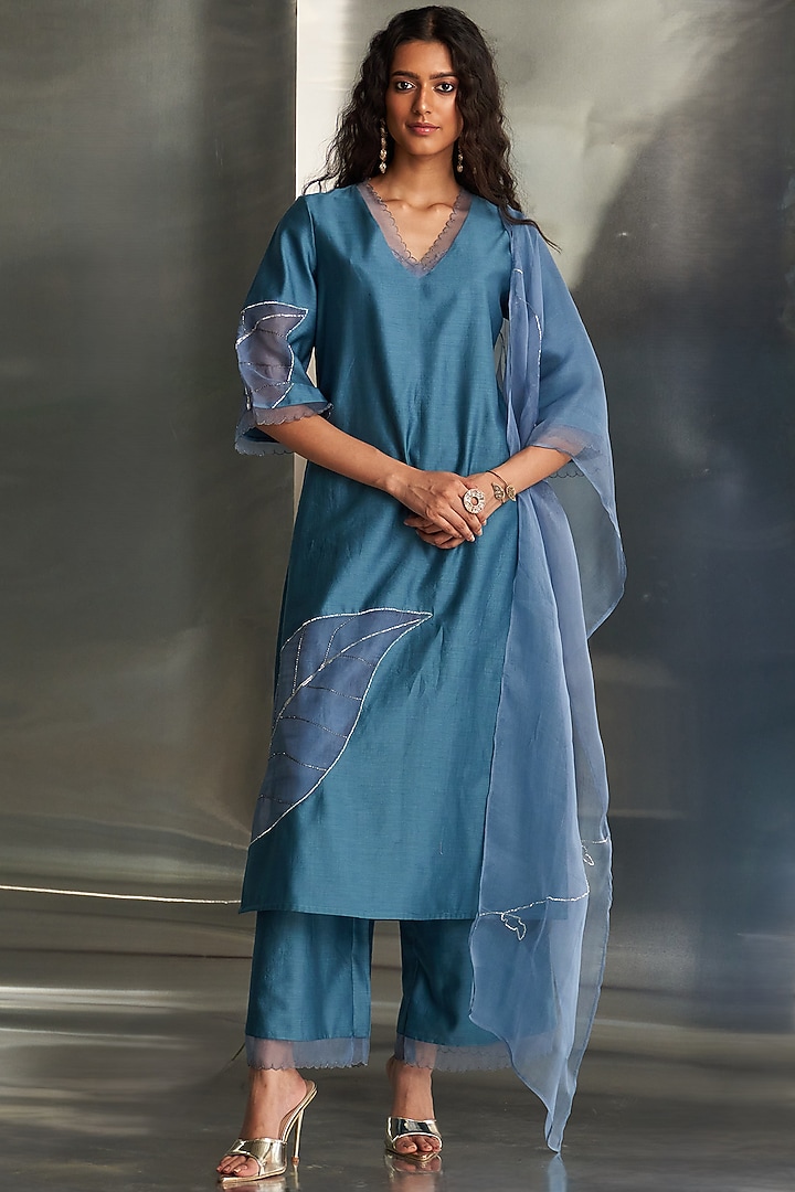 Steel Blue Chanderi Nakshi Work Kurta Set by Charkhee at Pernia's Pop Up Shop