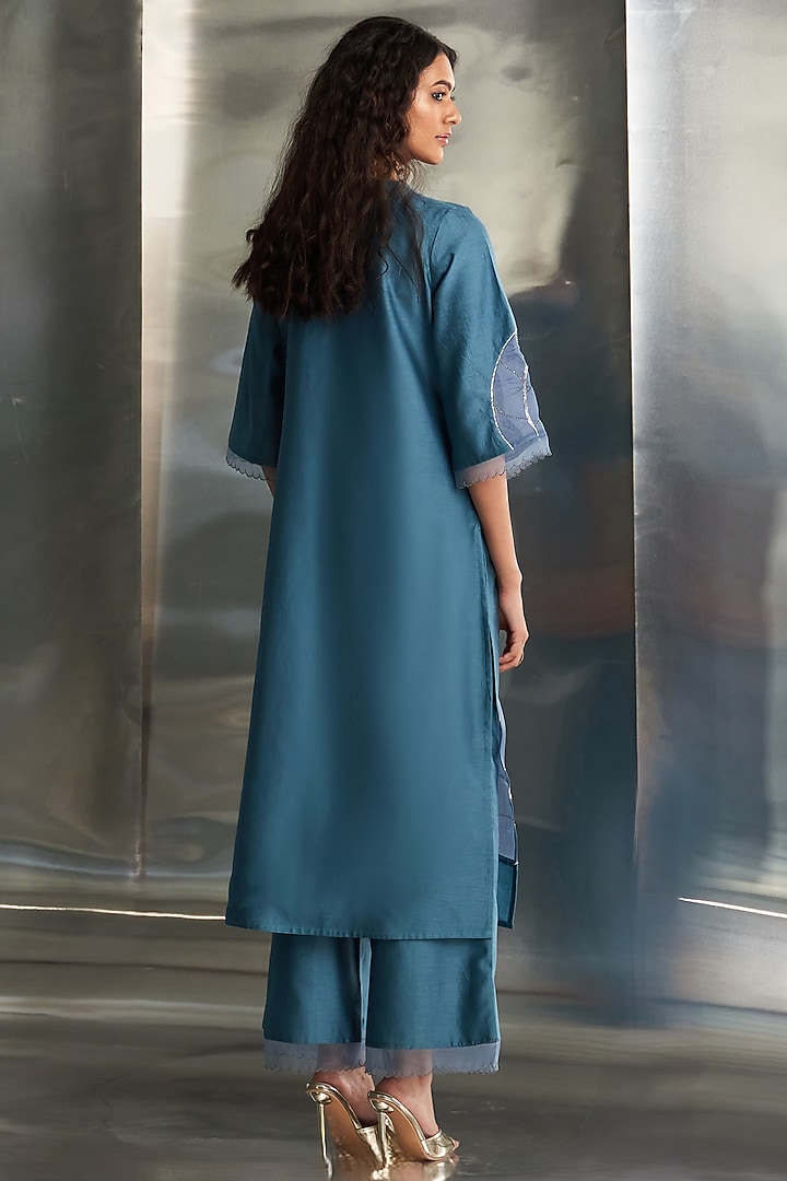 Steel Blue Chanderi Nakshi Work Kurta Set by Charkhee at Pernia's Pop Up Shop
