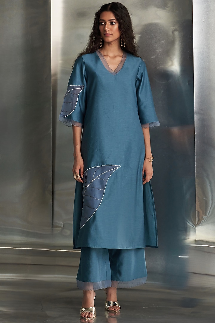 Steel Blue Chanderi Nakshi Work Kurta Set by Charkhee at Pernia's Pop Up Shop