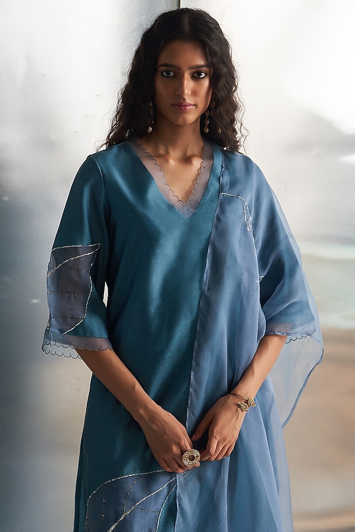 Steel Blue Chanderi Nakshi Work Kurta Set by Charkhee at Pernia's Pop Up Shop