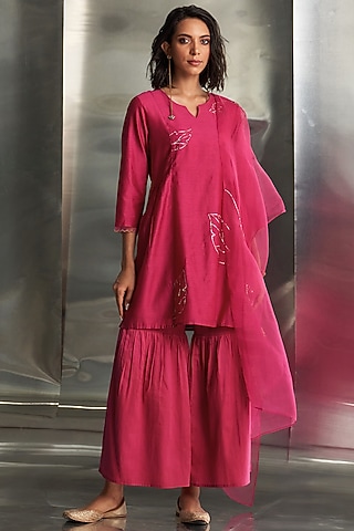 Pop Pink Cotton Satin Nakshi Work Sharara Set by Charkhee