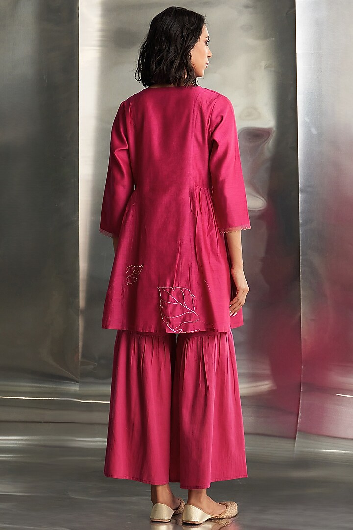 Pop Pink Cotton Satin Nakshi Work Party Wear Sharara Set by Charkhee at Pernia's Pop Up Shop