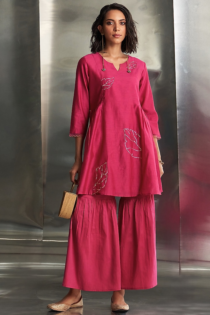 Pop Pink Cotton Satin Nakshi Work Party Wear Sharara Set by Charkhee at Pernia's Pop Up Shop