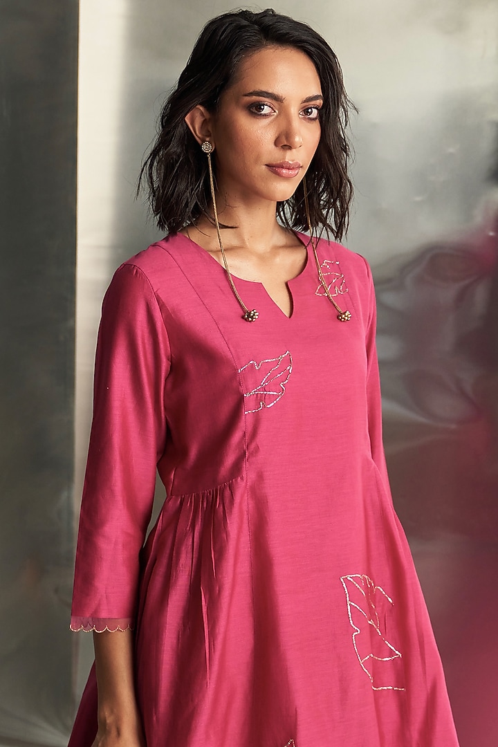 Pop Pink Cotton Satin Nakshi Work Party Wear Sharara Set by Charkhee at Pernia's Pop Up Shop