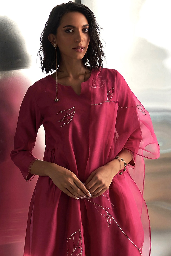 Pop Pink Cotton Satin Nakshi Work Party Wear Sharara Set by Charkhee at Pernia's Pop Up Shop