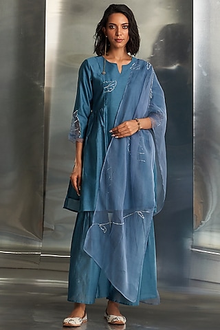 Steel Blue Cotton Satin Nakshi Work Sharara Set by Charkhee