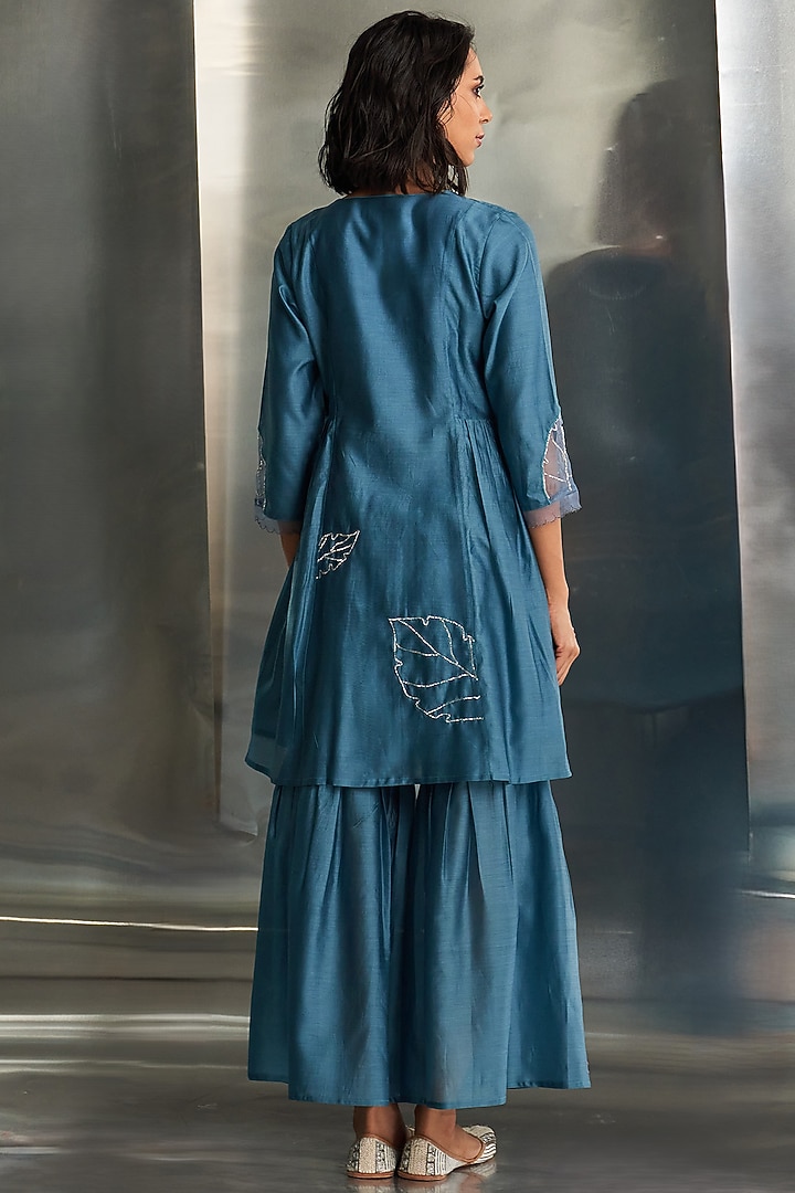 Steel Blue Cotton Satin Nakshi Work Party Wear Sharara Set by Charkhee at Pernia's Pop Up Shop