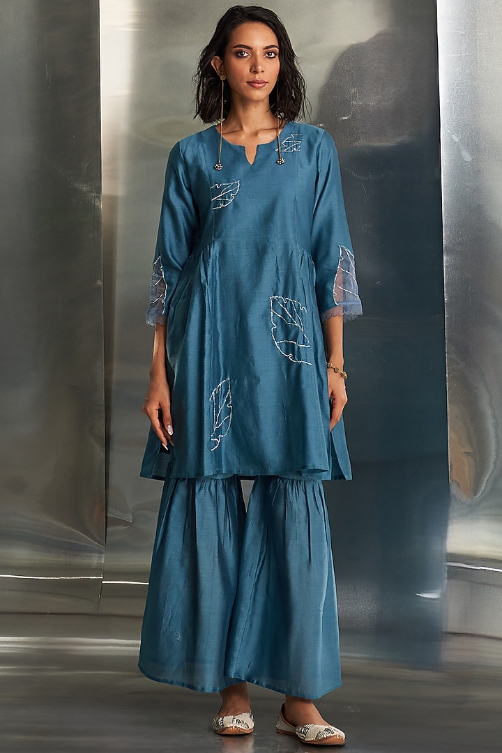 Steel Blue Cotton Satin Nakshi Work Party Wear Sharara Set by Charkhee at Pernia's Pop Up Shop