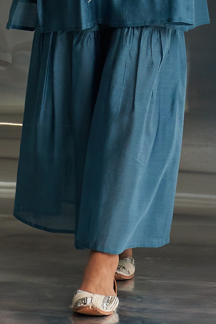 Steel Blue Cotton Satin Nakshi Work Party Wear Sharara Set by Charkhee at Pernia's Pop Up Shop
