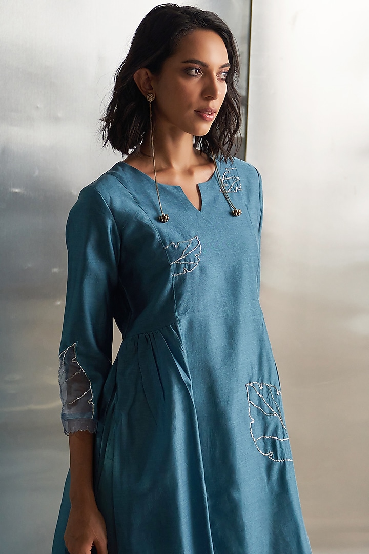 Steel Blue Cotton Satin Nakshi Work Party Wear Sharara Set by Charkhee at Pernia's Pop Up Shop