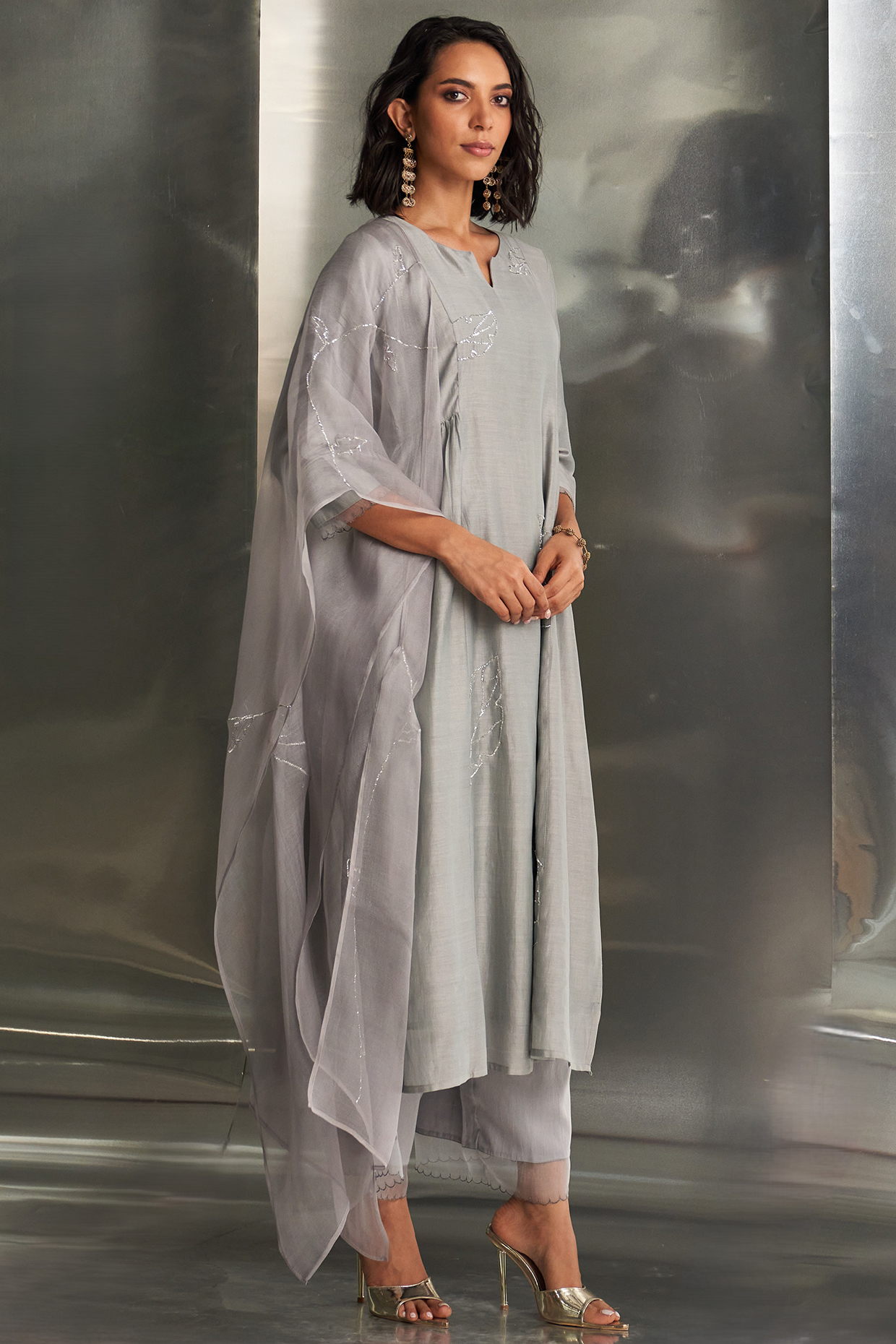 Steel Grey Chanderi Nakshi Handwork Gathered Kurta Set by Charkhee at Pernia's Pop Up Shop
