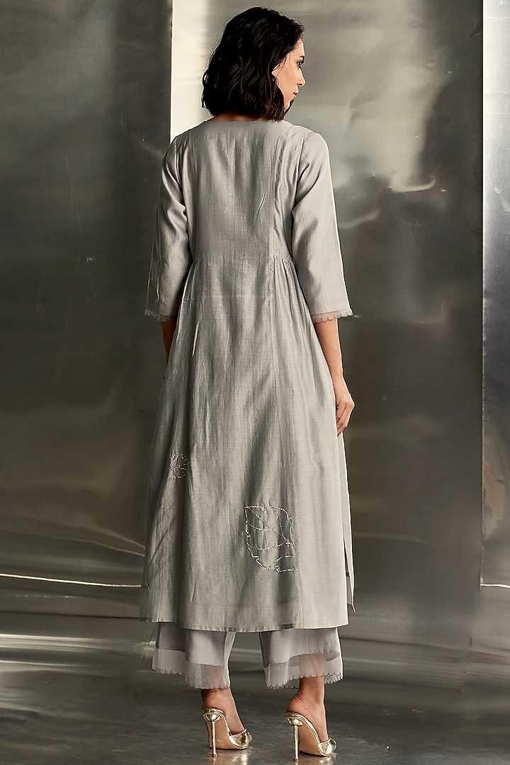 Steel Grey Chanderi Nakshi Handwork Gathered Kurta Set by Charkhee at Pernia's Pop Up Shop