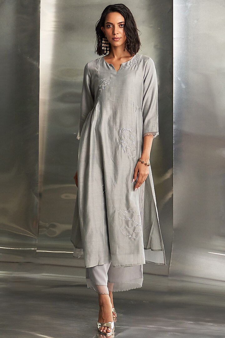 Steel Grey Chanderi Nakshi Handwork Gathered Kurta Set by Charkhee at Pernia's Pop Up Shop