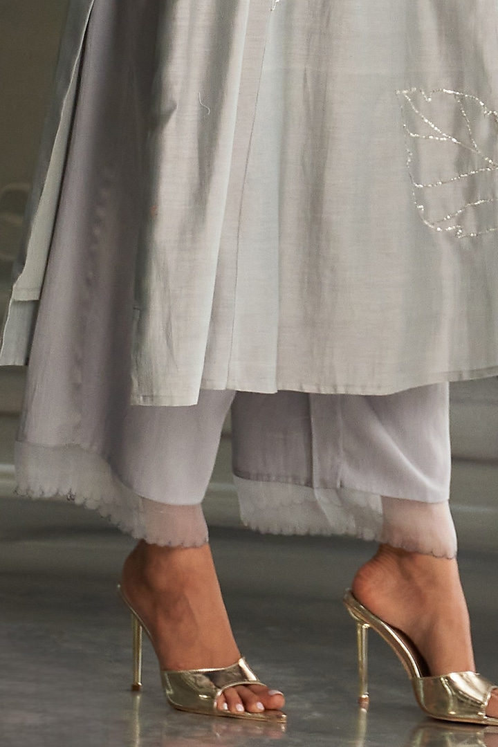 Steel Grey Chanderi Nakshi Handwork Gathered Kurta Set by Charkhee at Pernia's Pop Up Shop
