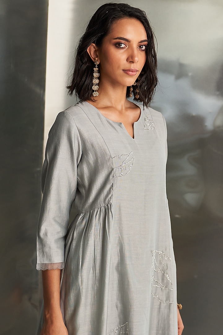 Steel Grey Chanderi Nakshi Handwork Gathered Kurta Set by Charkhee at Pernia's Pop Up Shop
