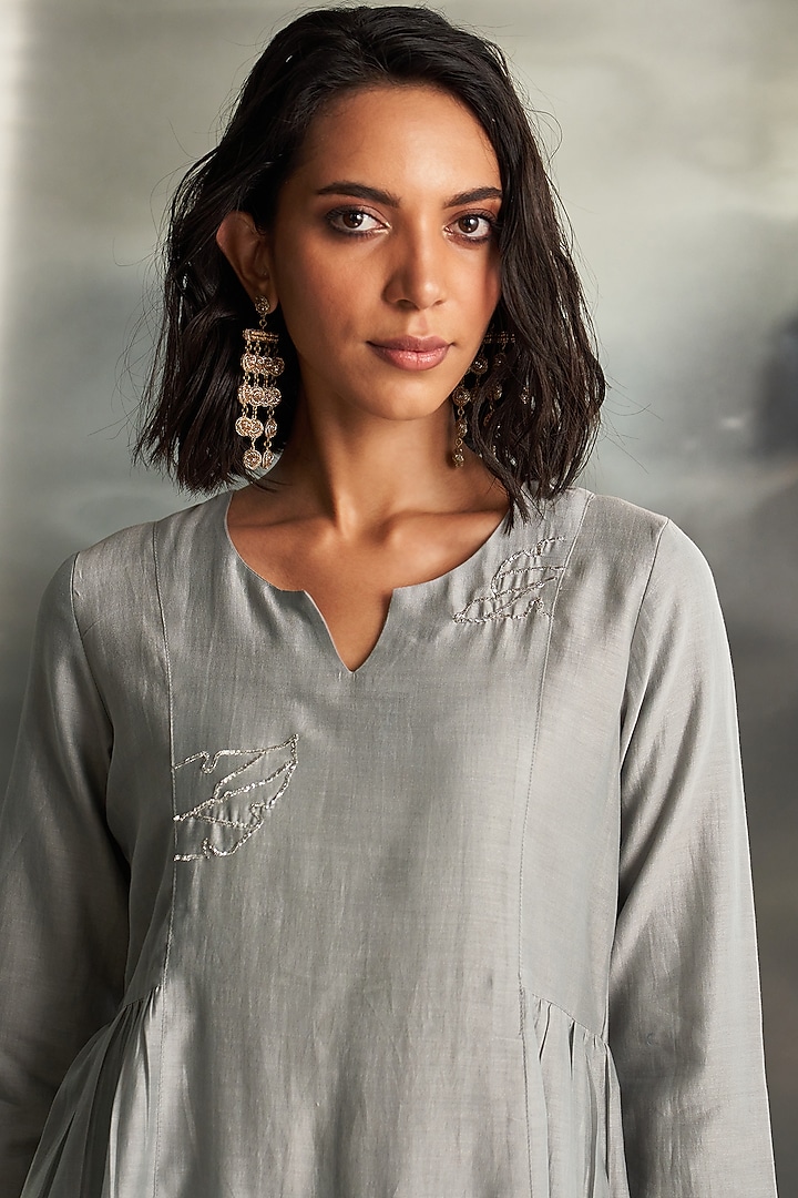 Steel Grey Chanderi Nakshi Handwork Gathered Kurta Set by Charkhee at Pernia's Pop Up Shop