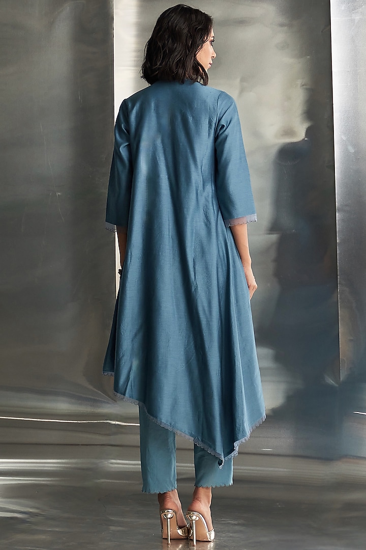 Steel Blue Chanderi Nakshi Hand Embroidered Asymmetrical Kurta Set by Charkhee at Pernia's Pop Up Shop