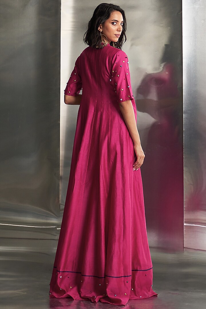 Pop Pink Chanderi Embellished Wrap Around Party Wear Anarkali Set by Charkhee at Pernia's Pop Up Shop