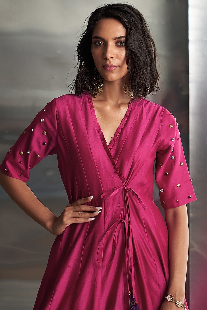 Pop Pink Chanderi Embellished Wrap Around Party Wear Anarkali Set by Charkhee at Pernia's Pop Up Shop