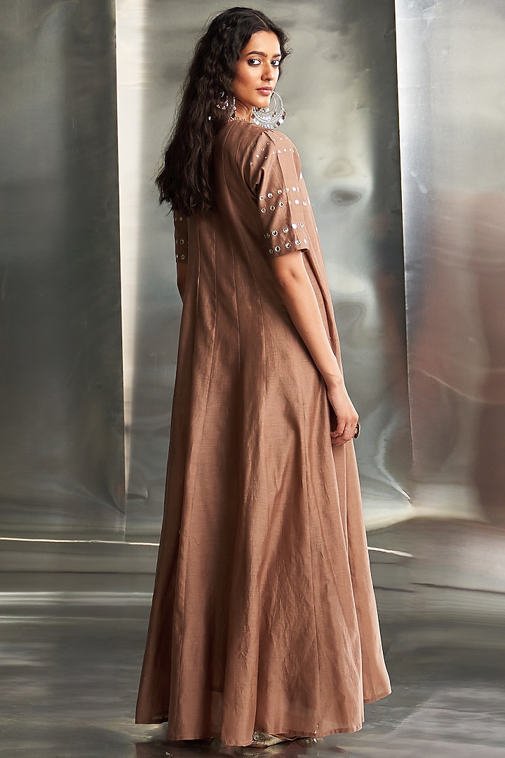 Ginger Brown Chanderi Mirror Work Wrap Around Party Wear Anarkali Set by Charkhee at Pernia's Pop Up Shop