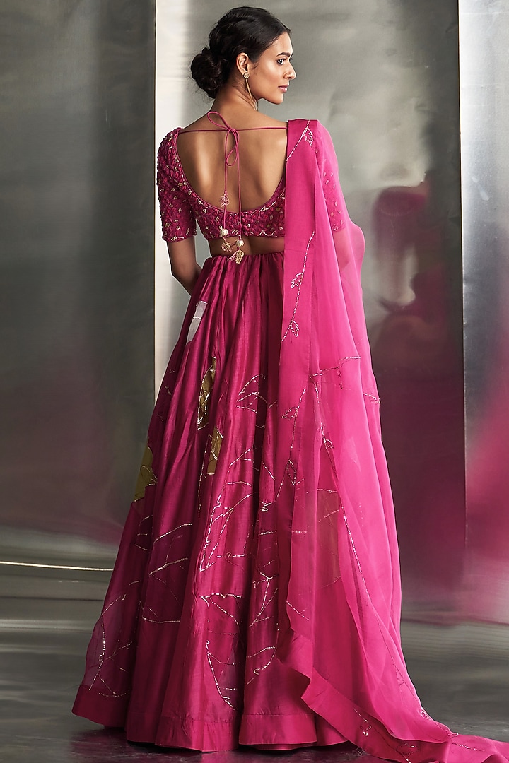 Mulberry Pink Chanderi & Organza Hand Embroidered Bridal Lehenga Set by Charkhee at Pernia's Pop Up Shop