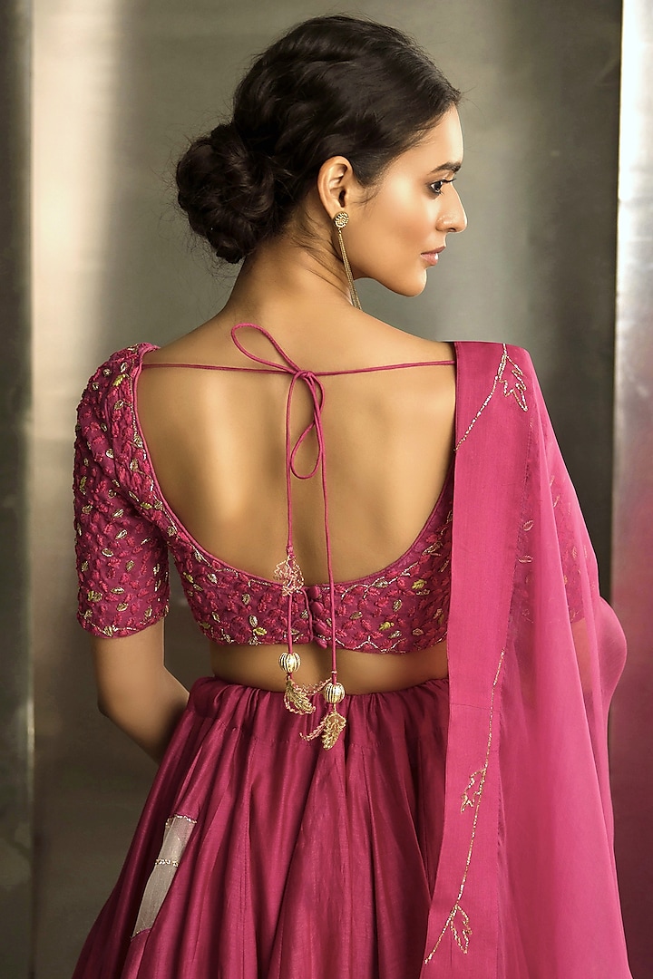 Mulberry Pink Chanderi & Organza Hand Embroidered Bridal Lehenga Set by Charkhee at Pernia's Pop Up Shop