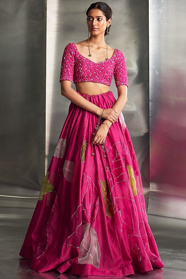Mulberry Pink Chanderi & Organza Hand Embroidered Bridal Lehenga Set by Charkhee at Pernia's Pop Up Shop