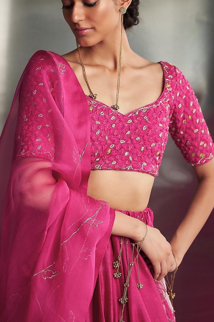 Mulberry Pink Chanderi & Organza Hand Embroidered Bridal Lehenga Set by Charkhee at Pernia's Pop Up Shop