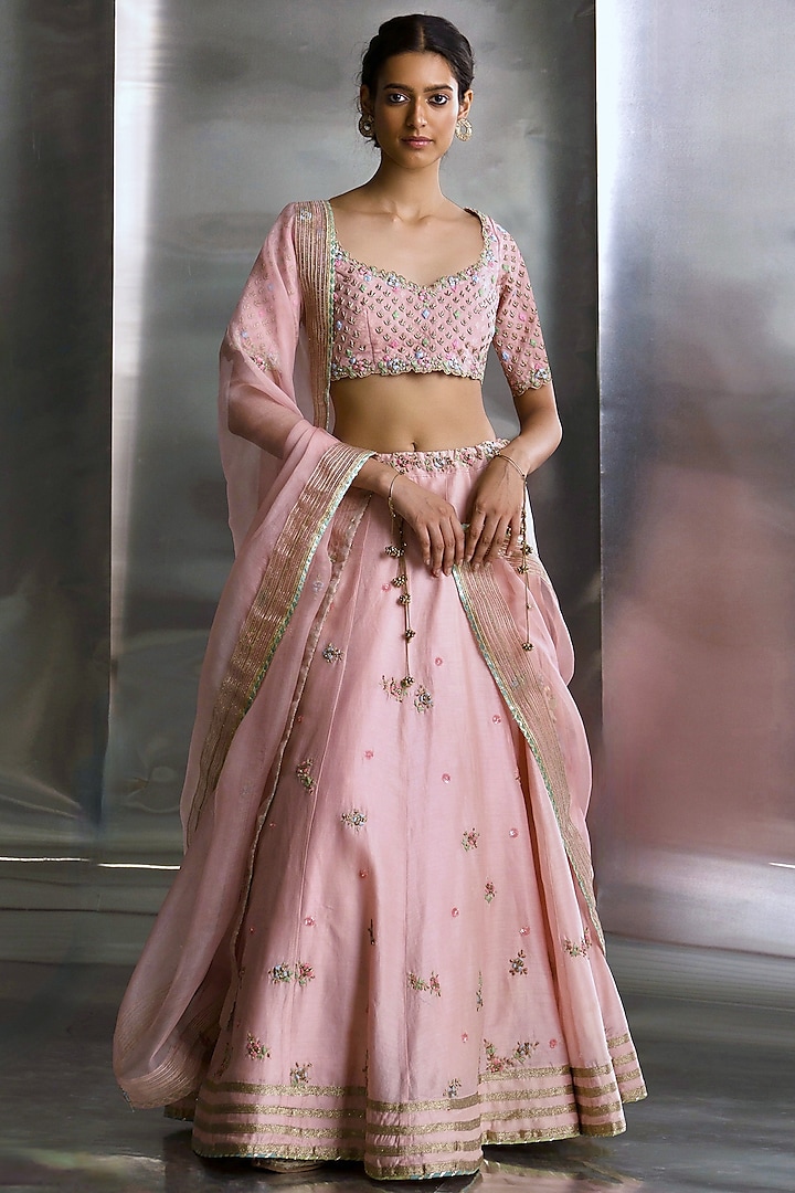 Light Pink Chanderi & Organza Hand Embroidered Wedding Lehenga Set by Charkhee at Pernia's Pop Up Shop