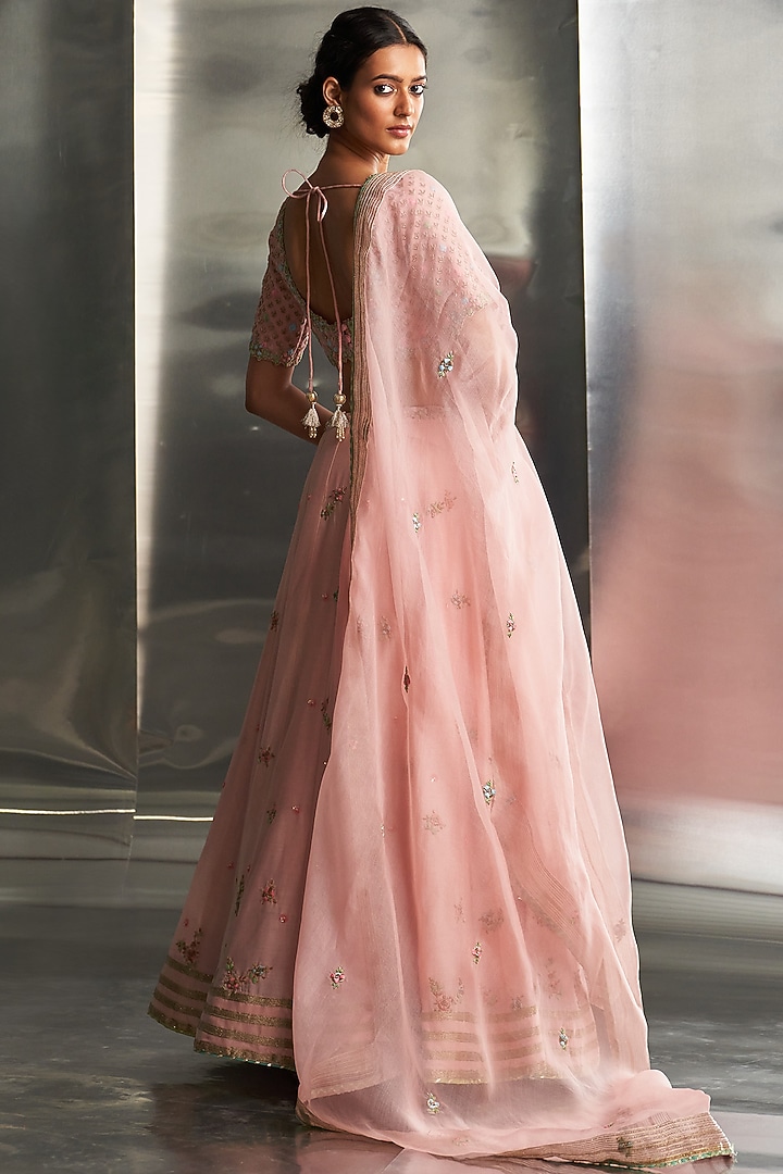 Light Pink Chanderi & Organza Hand Embroidered Wedding Lehenga Set by Charkhee at Pernia's Pop Up Shop