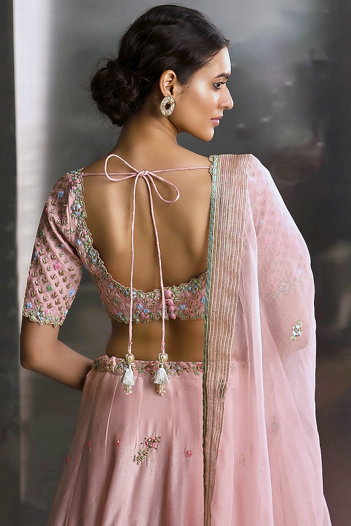 Light Pink Chanderi & Organza Hand Embroidered Wedding Lehenga Set by Charkhee at Pernia's Pop Up Shop
