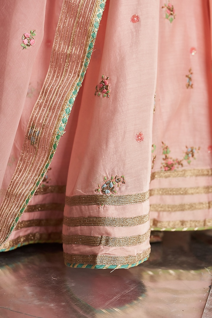 Light Pink Chanderi & Organza Hand Embroidered Wedding Lehenga Set by Charkhee at Pernia's Pop Up Shop