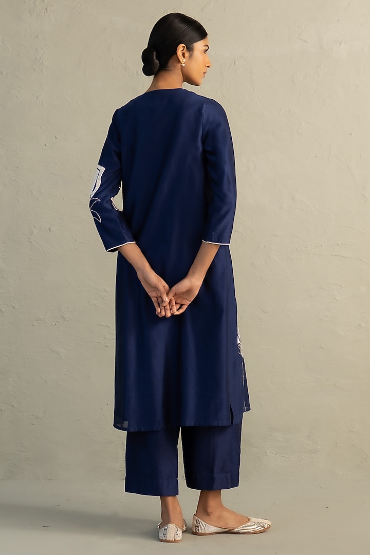 Sapphire Blue Chanderi Floral Patchwork Kurta Set by Charkhee at Pernia's Pop Up Shop