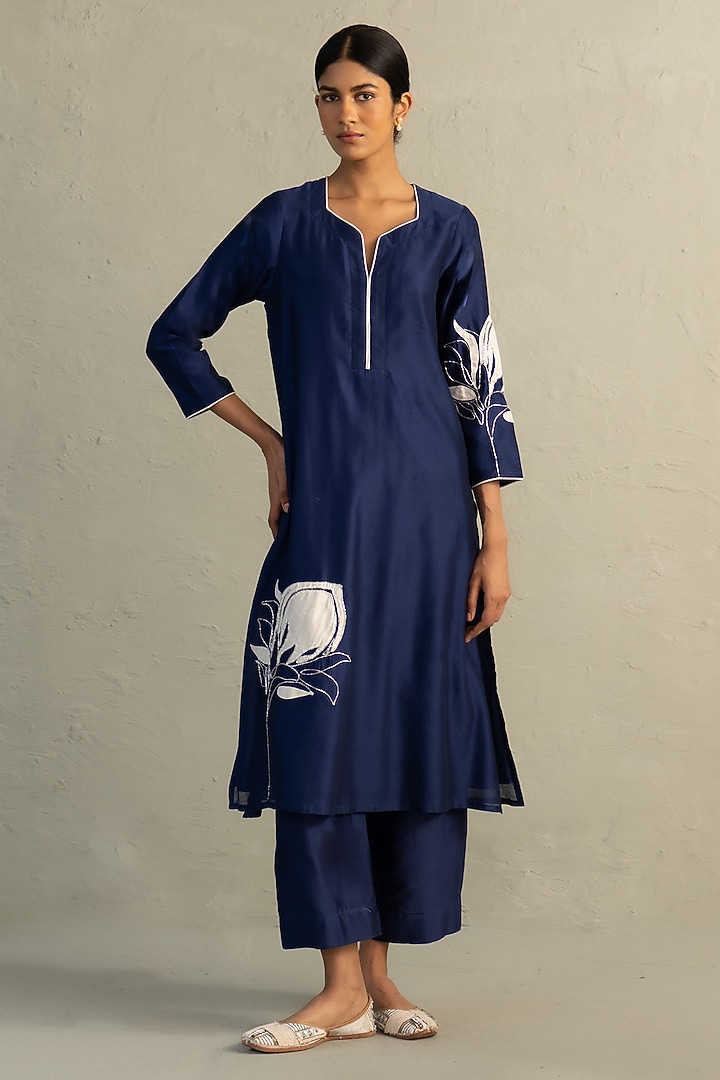 Sapphire Blue Chanderi Floral Patchwork Kurta Set by Charkhee at Pernia's Pop Up Shop