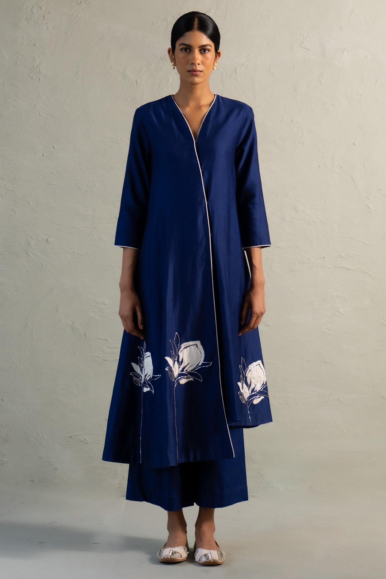 Charkhee Sapphire Blue Chanderi Floral Patchwork Kurta Set
