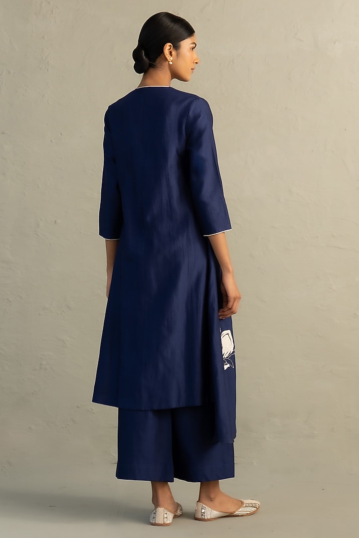 Sapphire Blue Chanderi Floral Patchwork Kurta Set by Charkhee at Pernia's Pop Up Shop