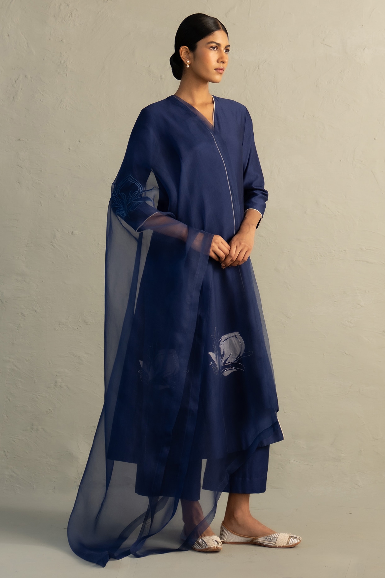 Charkhee Sapphire Blue Chanderi Floral Patchwork A-Line Kurta Set