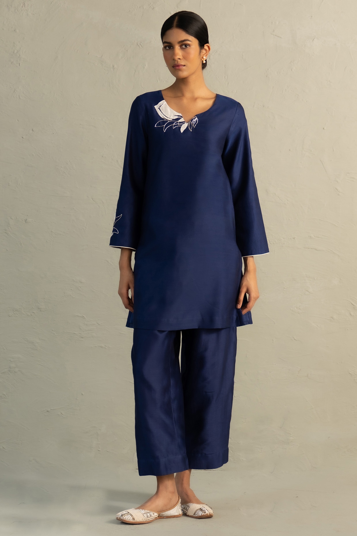 Charkhee Sapphire Blue Chanderi Floral Patchwork Kurta Set
