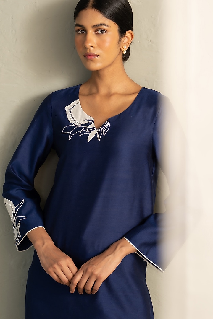 Sapphire Blue Chanderi Floral Patchwork Kurta Set by Charkhee at Pernia's Pop Up Shop