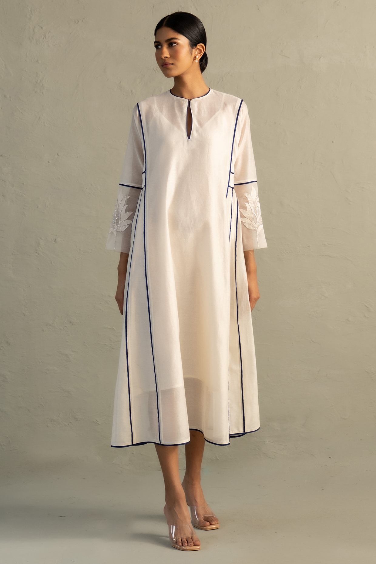 Charkhee Ivory Chanderi Patchwork A-Line Midi Dress