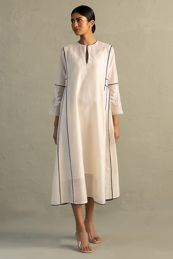 Ivory Chanderi Patchwork A-Line Midi Vacation Dress by Charkhee at Pernia's Pop Up Shop