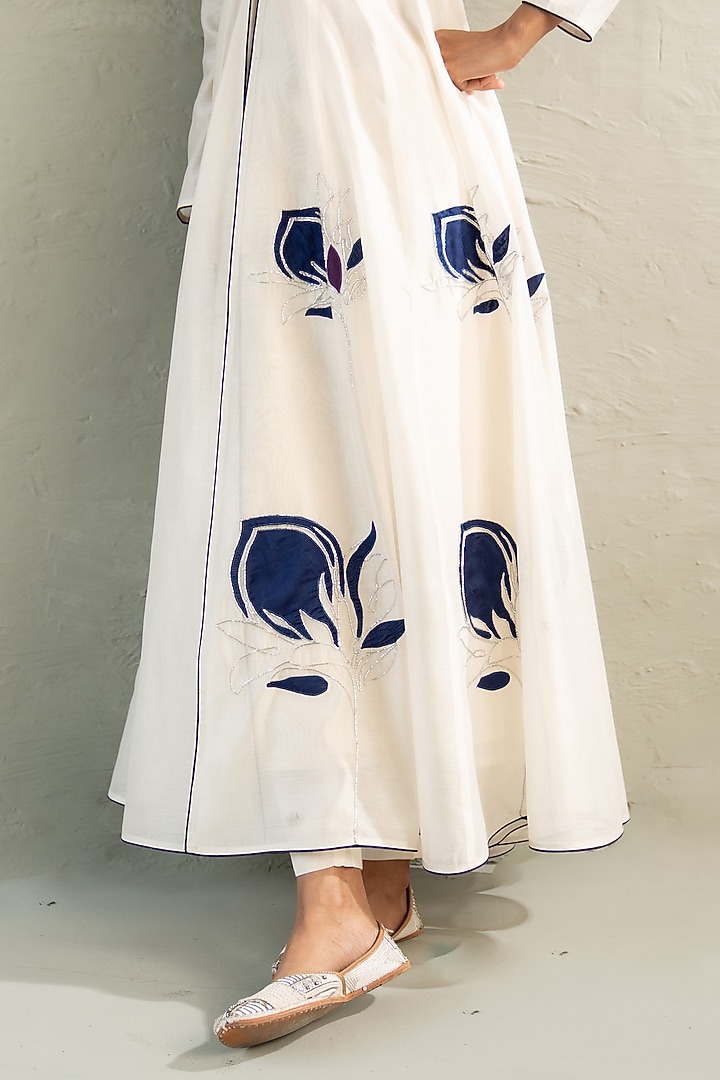 Ivory Chanderi Applique Embroidered Wedding Anarkali Set by Charkhee at Pernia's Pop Up Shop