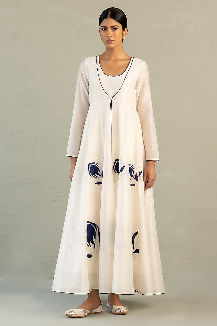 Ivory Chanderi Applique Embroidered Wedding Anarkali Set by Charkhee at Pernia's Pop Up Shop