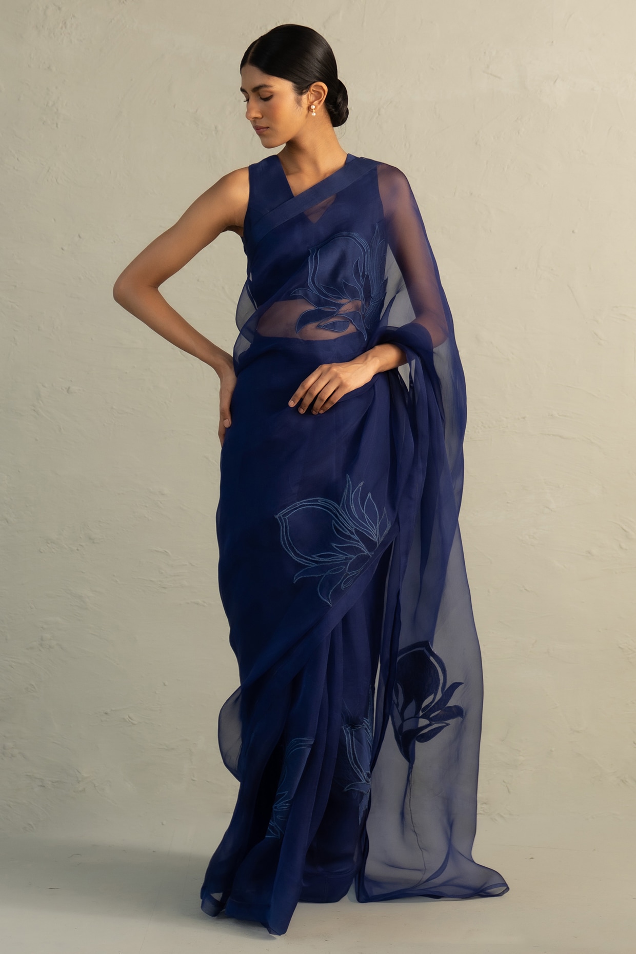 Charkhee Sapphire Blue Organza Floral Applique Embroidered Saree Set
